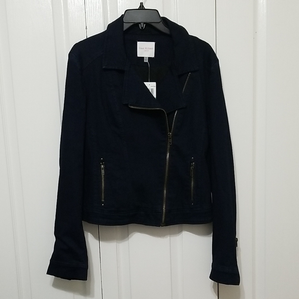 Isaac Mizrahi Denim Jacket with Moto Design and Asymmetrical Zipper - Picture 1 of 4